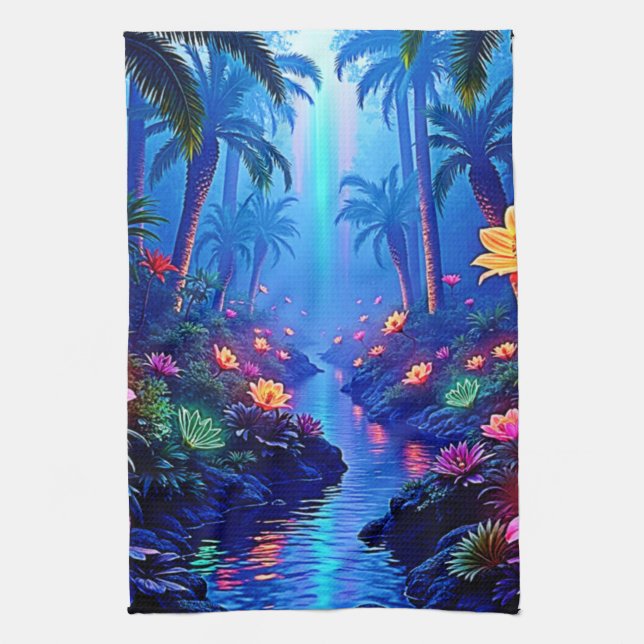 Enchanted Vibrant River Forest Dream Kitchen Towel (Vertical)
