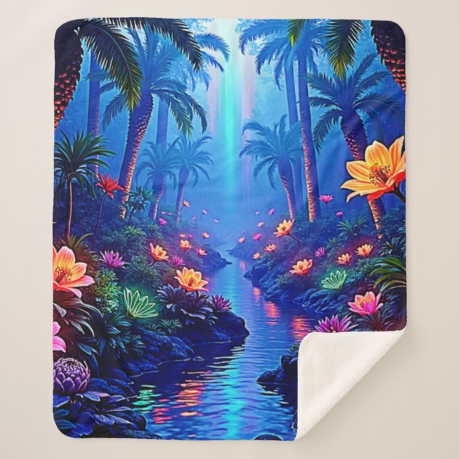 Enchanted Vibrant River Forest Dream Sherpa Blanket (Front)