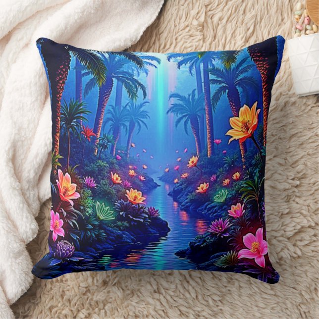 Enchanted Vibrant River Forest Dream Throw Pillow (Blanket)