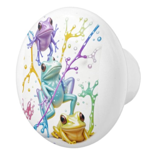 Enchanted Vibrant Three Frogs Ceramic Knob