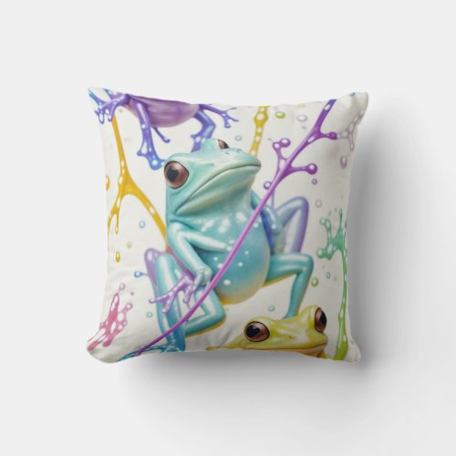 Enchanted Vibrant Three Frogs  Throw Pillow