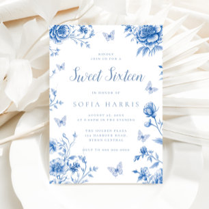 Enchanted Vintage Blue Flowers Sweet 16 Birthday Invitation