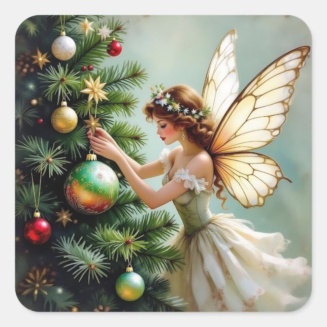 Enchanted Vintage Fairy Christmas Square Sticker (Front)