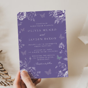 Enchanted Vintage Purple Butterfly Floral Wedding Invitation