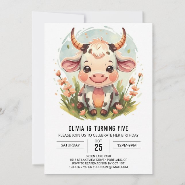 Enchanted Watercolor Country Cow Birthday Invitation (Front)
