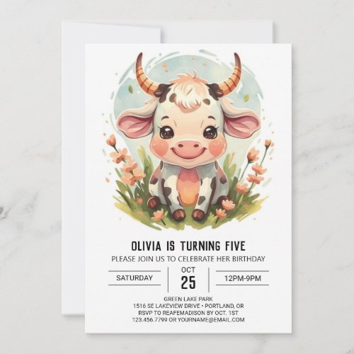 Enchanted Watercolor Country Cow Birthday Invitation