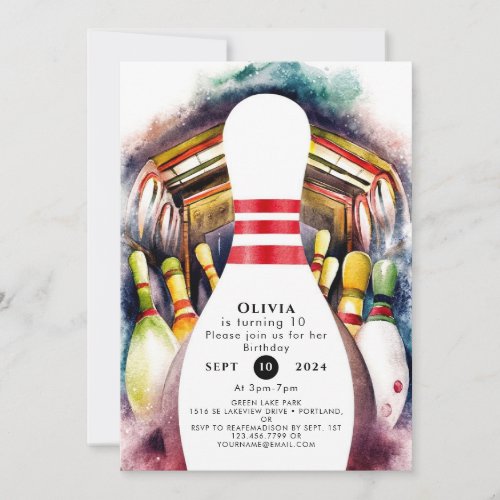 Enchanted Watercolor Custom Bowling Birthday Invitation