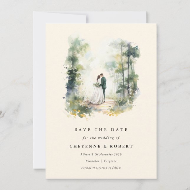 Enchanted Watercolor Forest Bohemian Save the Date Invitation (Front)