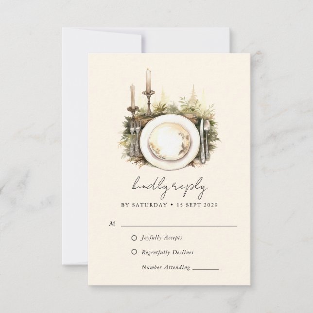 Enchanted Watercolor Forest Boho Wedding RSVP Card (Front)