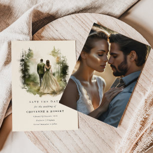 Enchanted Watercolor Forest Photo Save the Date Invitation