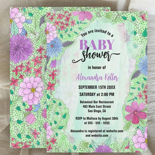 Enchanted Watercolor Ink Garden Blooms Baby Shower Invitation
