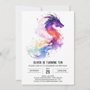 Enchanted Watercolor Kids Dragon Birthday Invitation