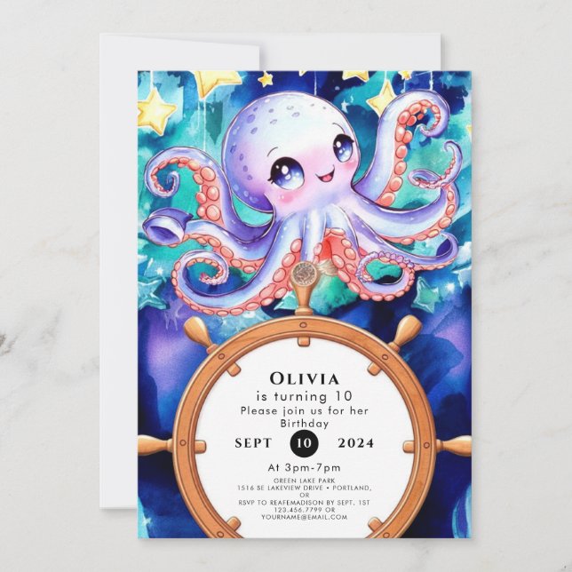 Enchanted Watercolor Octopus Birthday Invitation (Front)