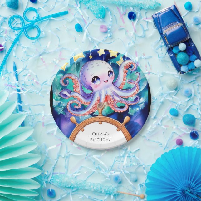 Enchanted Watercolor Octopus Birthday Paper Plates (Party)