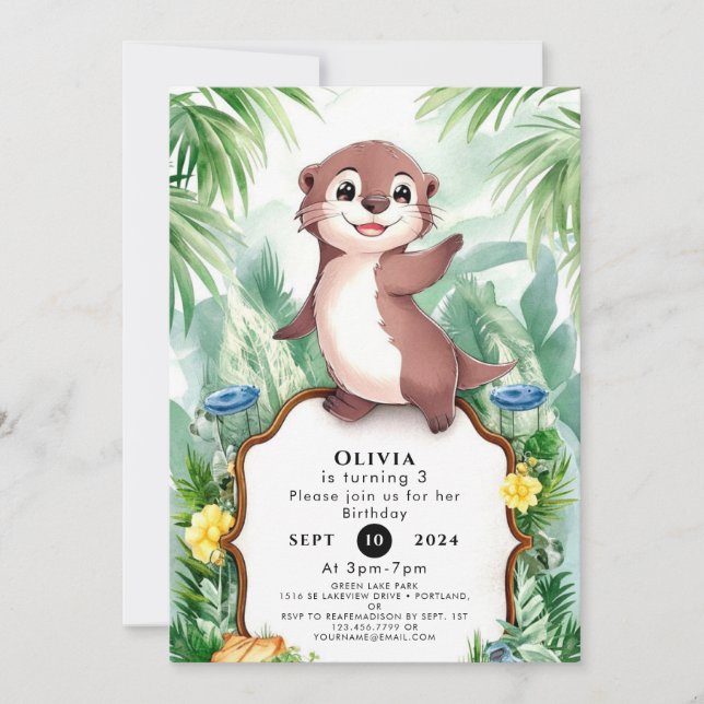 Enchanted Watercolor Otter Birthday Invitation (Front)