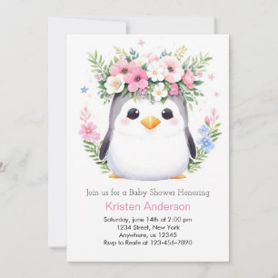 Enchanted Watercolor Penguin Girl Baby Shower Invitation