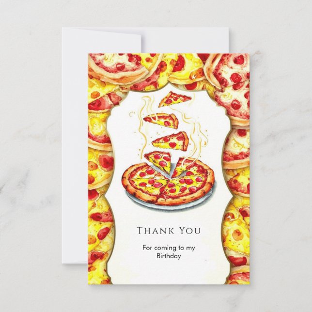 Enchanted Watercolor Pizza Birthday Thank You Card (Front)