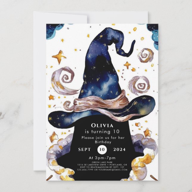 Enchanted Watercolor Whimsy Wizard Birthday Invitation (Front)