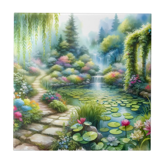 Enchanted Waterfall Garden Lily Pond Ceramic Tile (Front)