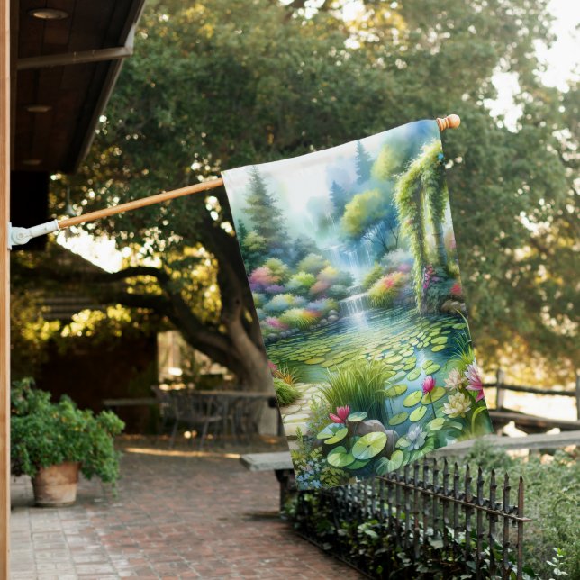Enchanted Waterfall Garden Lily Pond House Flag (In SItu)