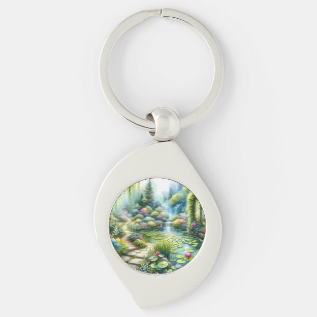Enchanted Waterfall Garden Lily Pond Keychain (Front)