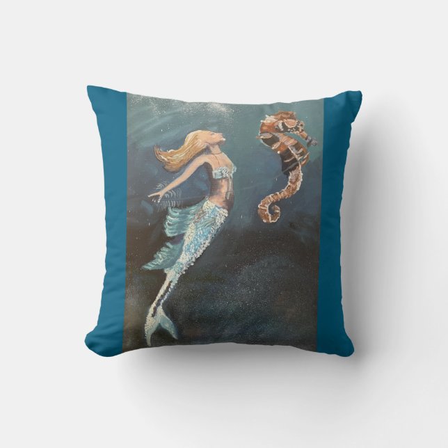 Enchanted Waters: A Mermaid and her Seahorse Throw Pillow (Front)