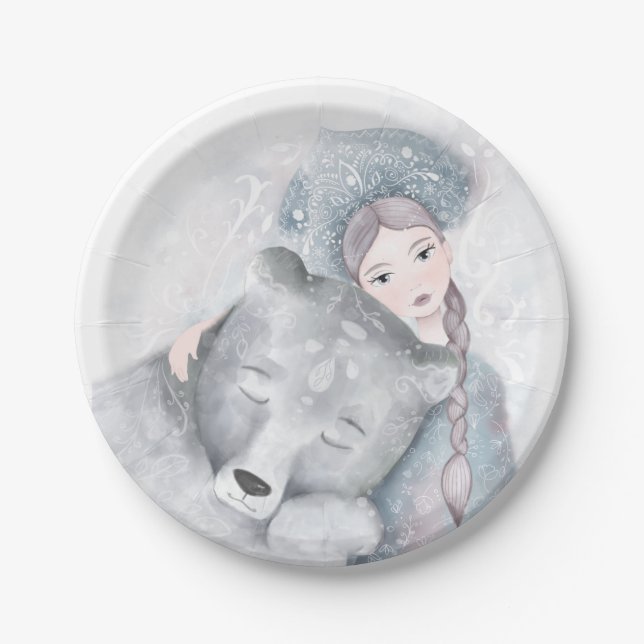 Enchanted whimsical Bear & Girl Christmas  Paper Plates (Front)