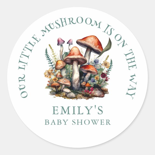 Enchanted Whimsical Mushrooms Woodland Baby Shower Classic Round Sticker (Front)