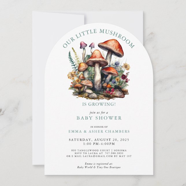 Enchanted Whimsical Mushrooms Woodland Baby Shower Invitation (Front)