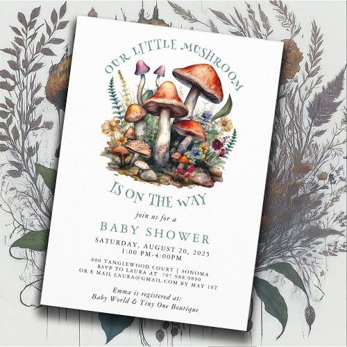 Enchanted Whimsical Mushrooms Woodland Baby Shower Invitation