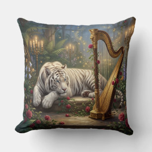 Enchanted White Tiger Garden – Golden Harp & Roses Throw Pillow