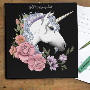 Enchanted White Unicorn Flowers Pink Black 3 Ring Binder