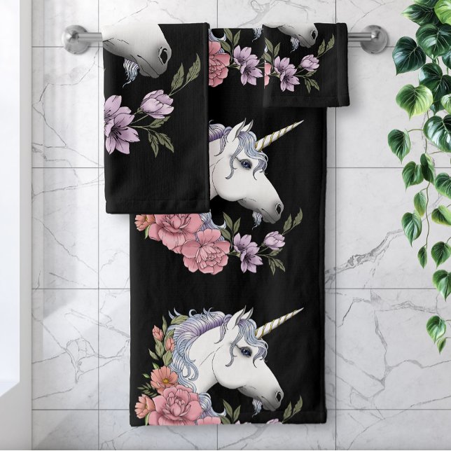 Enchanted White Unicorn Flowers Pink Black Bath Towel Set (Creator Uploaded)