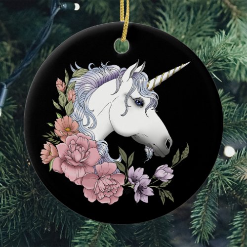 Enchanted White Unicorn Flowers Pink Black Ceramic Ornament