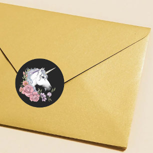 Enchanted White Unicorn Flowers Pink Black Classic Round Sticker
