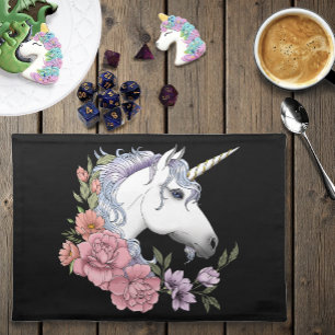 Enchanted White Unicorn Flowers Pink Black Cloth Placemat