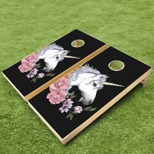 Enchanted White Unicorn Flowers Pink Black Cornhole Set