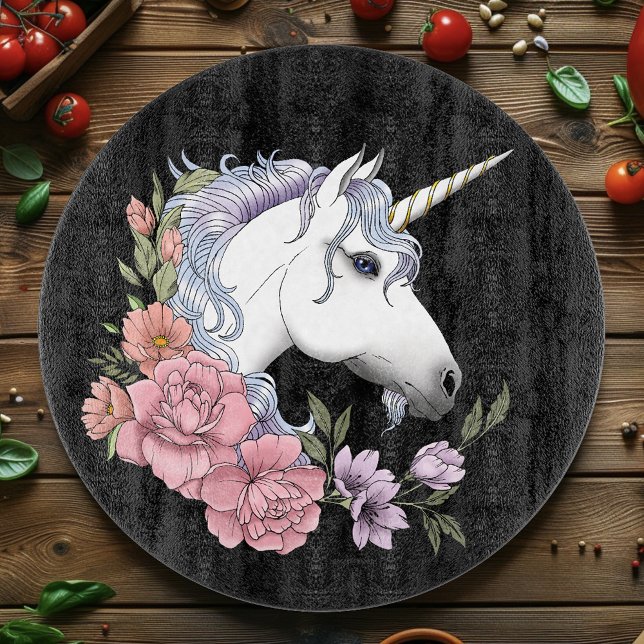 Enchanted White Unicorn Flowers Pink Black Cutting Board (Creator Uploaded)