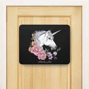 Enchanted White Unicorn Flowers Pink black Door Sign
