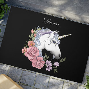 Enchanted White Unicorn Flowers Pink Black Doormat
