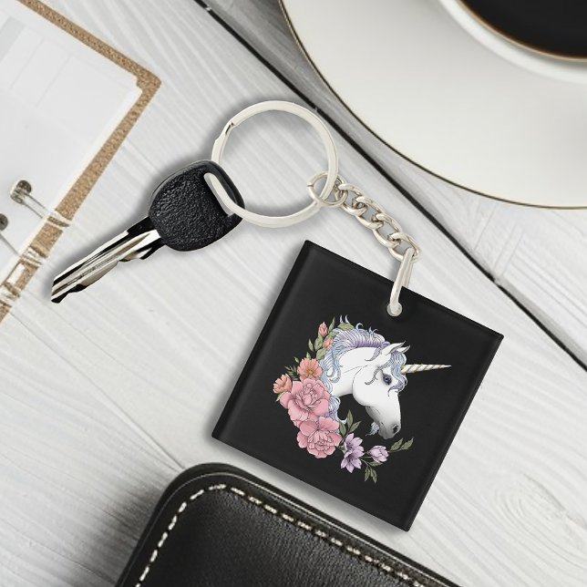 Enchanted White Unicorn Flowers Pink Black Keychain (Creator Uploaded)