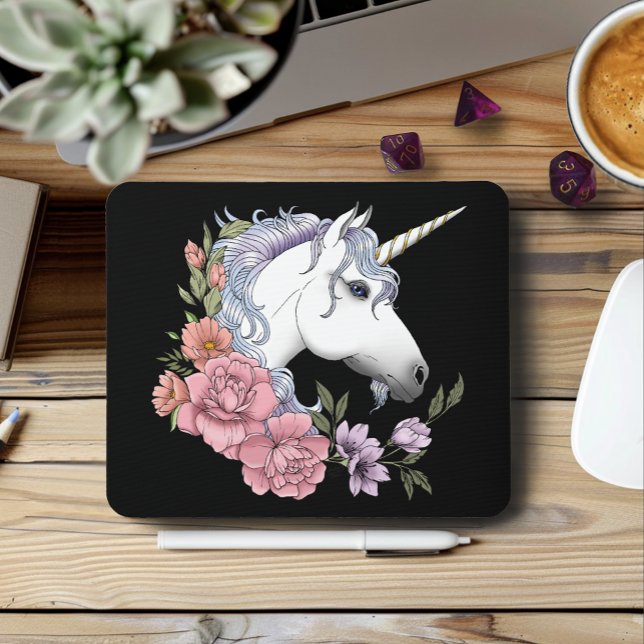 Enchanted White Unicorn Flowers Pink Black Mouse Pad (Creator Uploaded)