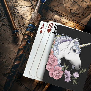 Enchanted White Unicorn Flowers Pink Black Poker Cards