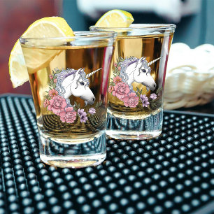 Enchanted White Unicorn Flowers Pink Black Shot Glass