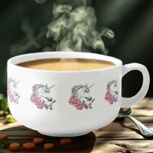 Enchanted White Unicorn Flowers Pink Black Soup Mug