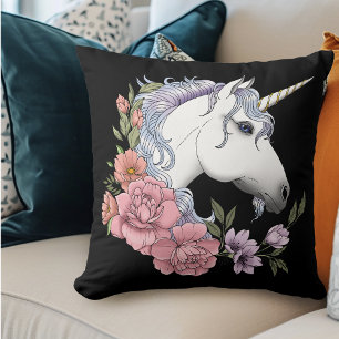 Enchanted White Unicorn Flowers Pink Black Throw Pillow
