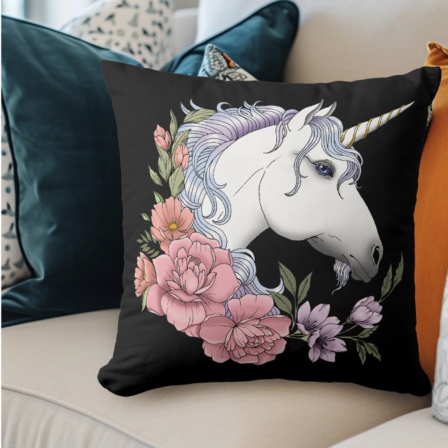 Enchanted White Unicorn Flowers Pink Black Throw Pillow (Creator Uploaded)