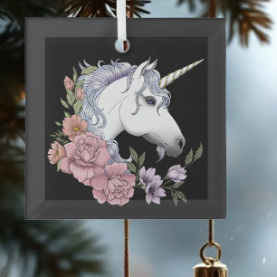 Enchanted White Unicorn Flowers Pink Roses Glass Ornament