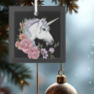 Enchanted White Unicorn Flowers Pink Roses Glass Ornament