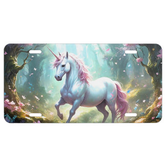 Enchanted White Unicorn in Magical Forest License Plate